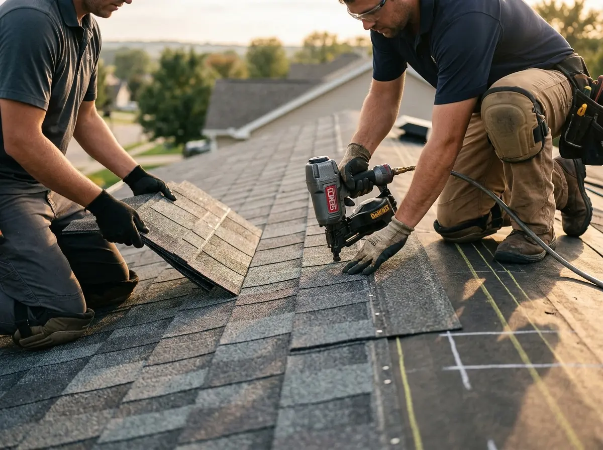 Professional roofer working on a residential roof in Doylestown